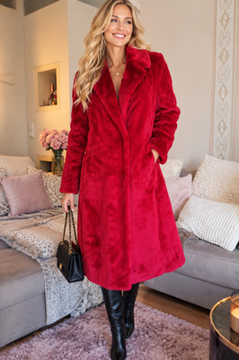 MARC CAIN Damen Mantel Neu mit Etikett Rot Fell PLÜSCH N4 L 40 Coat Webpelz PELZ