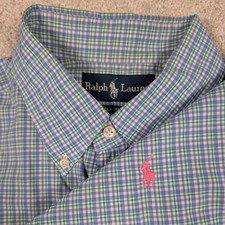 Vintage Ralph Lauren Shirt Mens Large Blue Check SS Button Down Classic Fit Pony