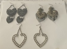 Vintage Silver Tone Heart Shaped Dangle And Drop Earrings Lot Of 3