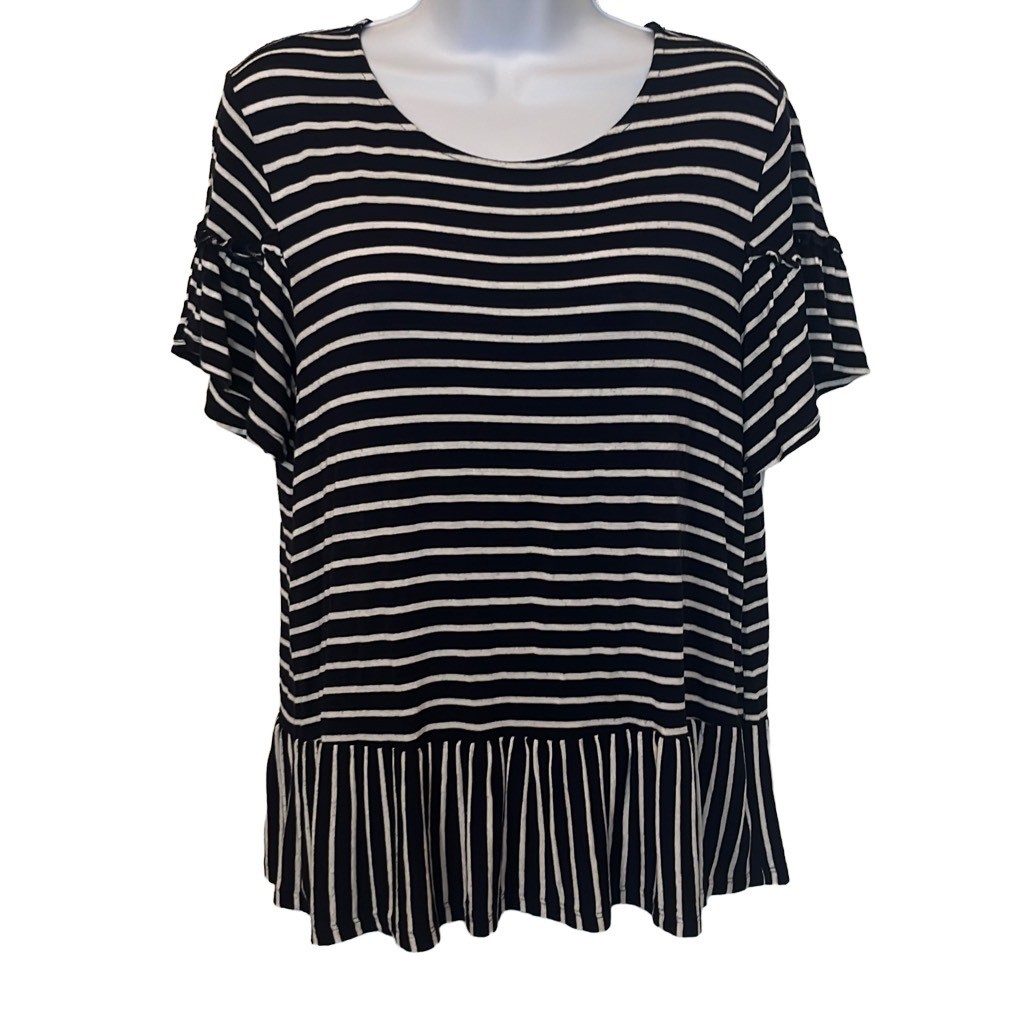 Pleione Navy White Stripe Ruffle Sleeve Peplum Knit Top Medium Preppy Nautical