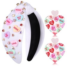 Valentines Day Jeweled Conversation Heart Knotted Headband White 3 PCS Set
