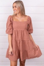 NWT By Together Women's Terracotta Tiered Mini Dress Puffy Sleeve Lined Size L