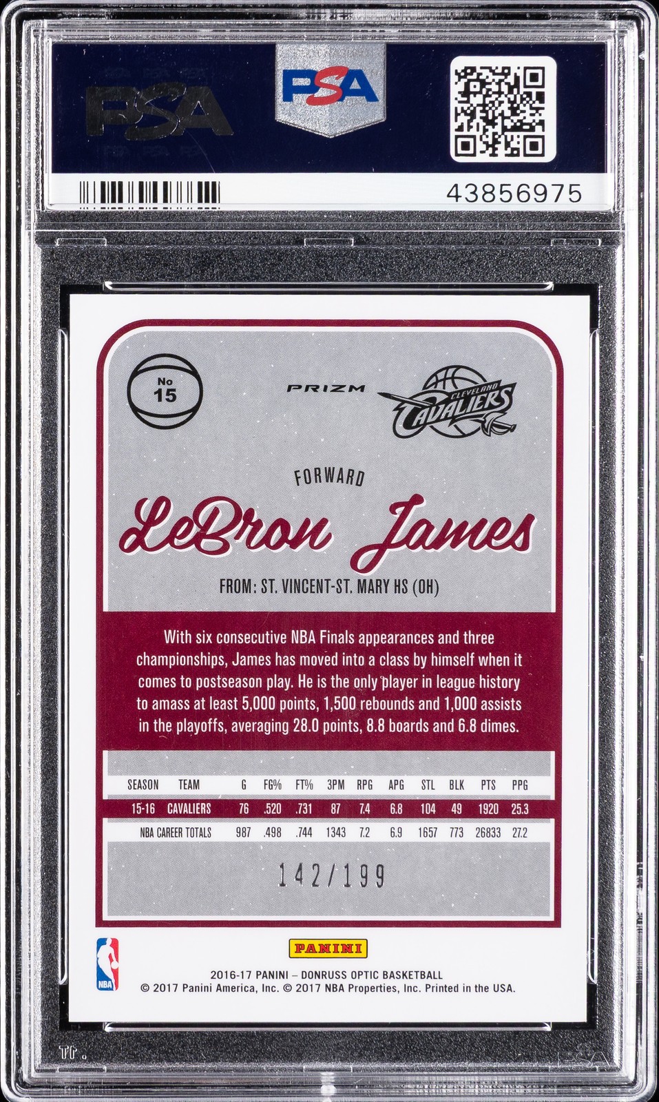 2016 PANINI DONRUSS OPTIC ORANGE #15 LEBRON JAMES #/199 PSA 9 view 2