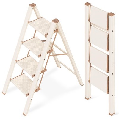 GameGem 4-Step Aluminum Folding Ladder, 330 lb, Chocolate White, Space-Saving