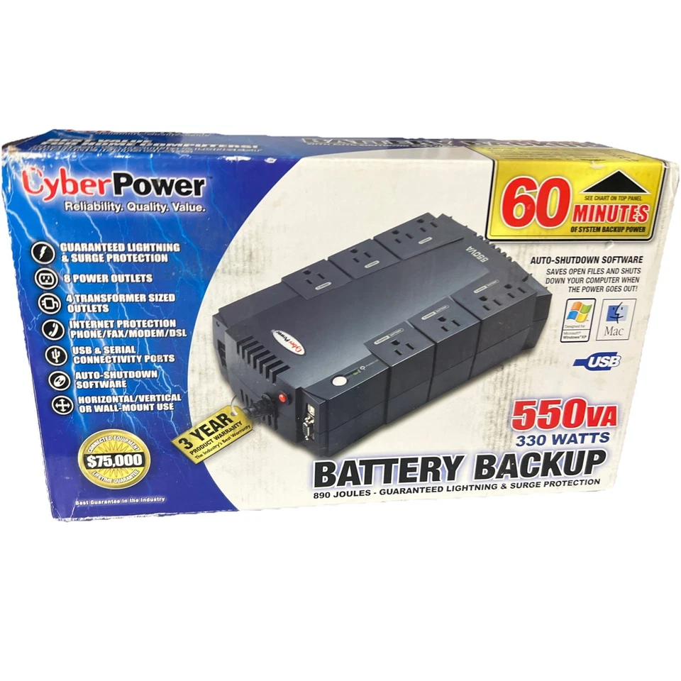CyberPower 550VA UPS Standby Uninterruptable Power 8 Outlets WITH BATTERY Tested - Image 3 of 4
