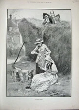 Original Old Antique Print 1892 Farm Romance Letter Haystack Buckets Woman Men