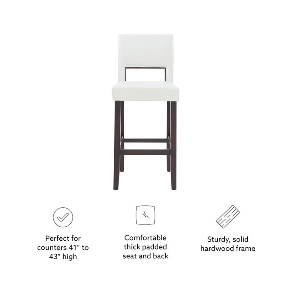Taburete de bar Linon Vega 30,5" blanco imitación cuero tapizado madera espresso oscuro Foto 3 de 4