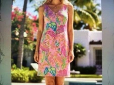 GRETCHEN SCOTT Womens S Pink Tropical Floral Print Sleeveless V-Neck Shift Dress