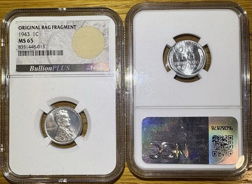1943 1 Cent Steel Lincoln Penny NGC MS65 With Original Bag Fragment UNC Coin