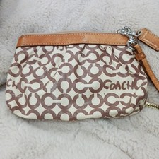 Vintage Coach Signature Coated Canvas Wristlet Leather trim Brown Cream