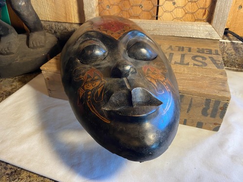 Ancien masque mural en bois sculpté main art populaire thème africain - Photo 7/9