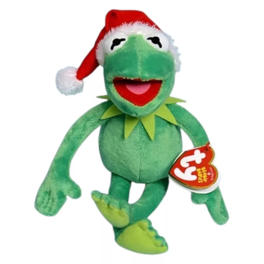 TY Beanie Babies KERMIT THE FROG DISNEY WITH SANTA HAT PLUSH NEW MWMT s