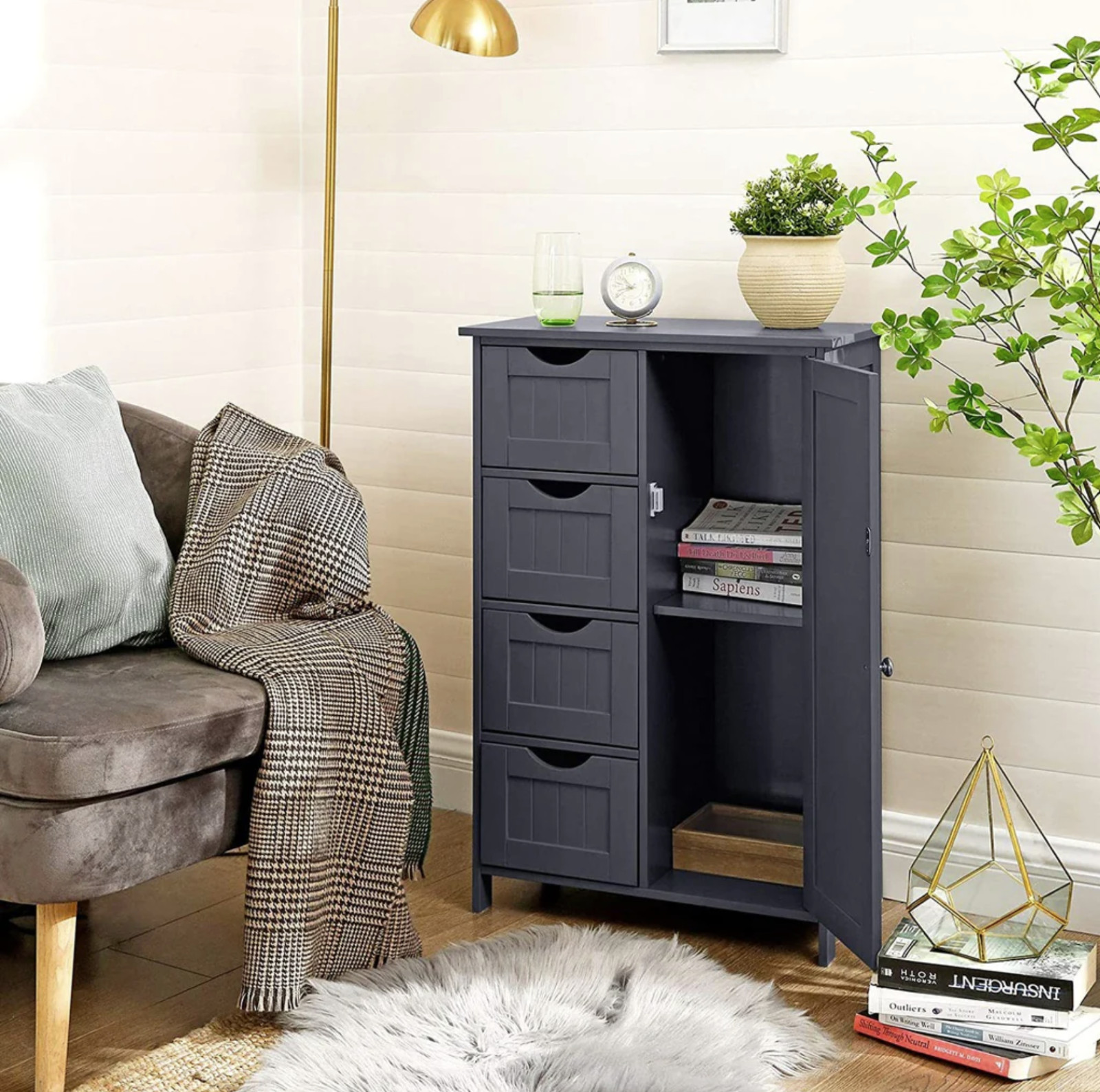 Grey Wooden Floor Standing Bathroom Bedroom Cabinet Cupboard Unit Shelf Drawers