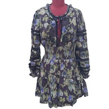 loveshackfancy Clarkie Dress Deep Blue Floral Embroidery Eyelet Ruffles Large