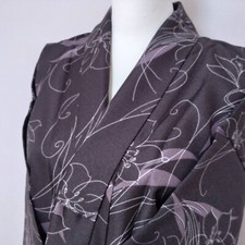 Woman Japanese Kimono Komon Synthetic Gray Brown Purple Flower