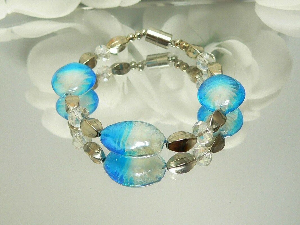 3er Schmuckset SCHIMMERND Silberfolie LAMPWORK Twist türkis weiß KRISTALL  449a - Bild 3 von 4