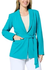 IMAN Global Chic Belted Crepe Knit Blazer Aruba Blue