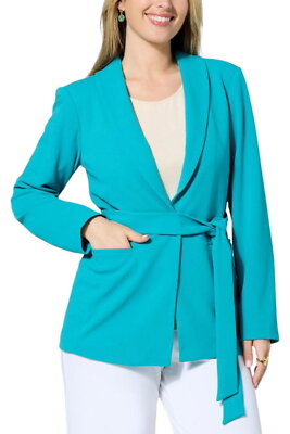 IMAN Global Chic Belted Crepe Knit Blazer Aruba Blue