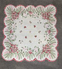 VTG Floral Handkerchief Pink Red Green  White Hanky Ruffled edges 13" x 13"