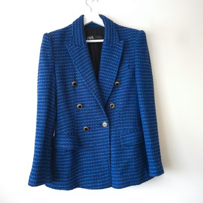 Zara Blue Textured Double Breasted Blazer Jacket Size M Medium 10 12 