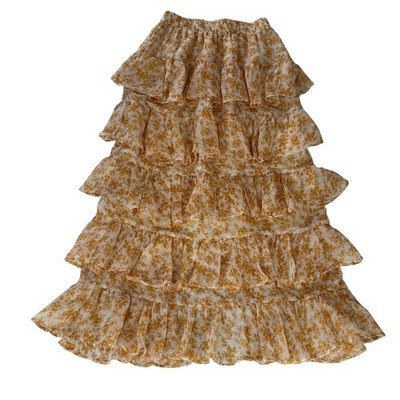 MinkPink Lana Floral Ruffle Tiered Midi Skirt Yellow Cream XS Bohemian Party
