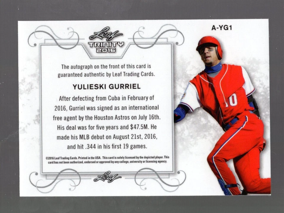 2016 Yulieski Gurriel Leaf Trinity Auto #AYG1 Astros - Image 2 of 2