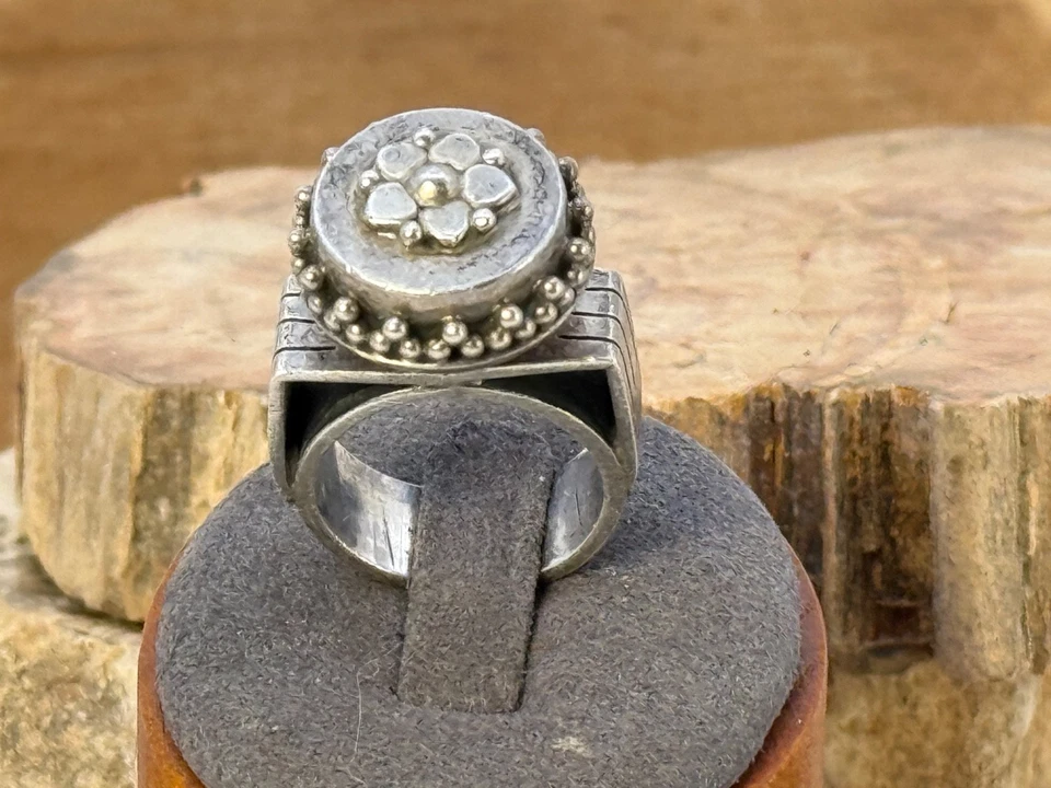 Anillo flor mexicana vintage de plata esterlina pesado en talla 7--LBB25.102 Foto 2 de 4