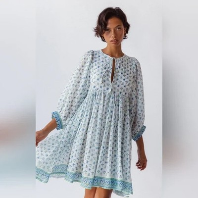 NWT Daughter's of India Kyra Mini Dress in Azure XS Cotton Hand Blockprint  Blue | eBay