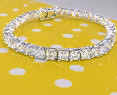 7Ct Lab Created Diamond Tennis Bracelet 7'' Asscher Cut Solid 14K White Gold