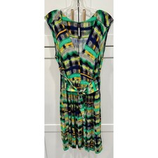Plenty by Tracy Reese Dress M Green Blue Gray Yellow Belted Abstract Print