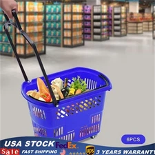 6pc Blue Shopping Carts with Wheels & Handle Plastic Rolling Shopping Basket