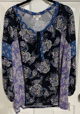 Style & Co Womens Plus 1X Floral Front Tassel Tie Tunic Top Long Sleeve Shirt