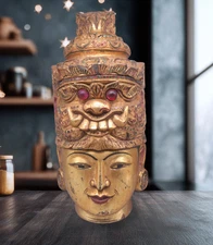 🔥 Antique 19thC Burmese Temple Guardian Head Gilt Wood Glass Eyes 16”