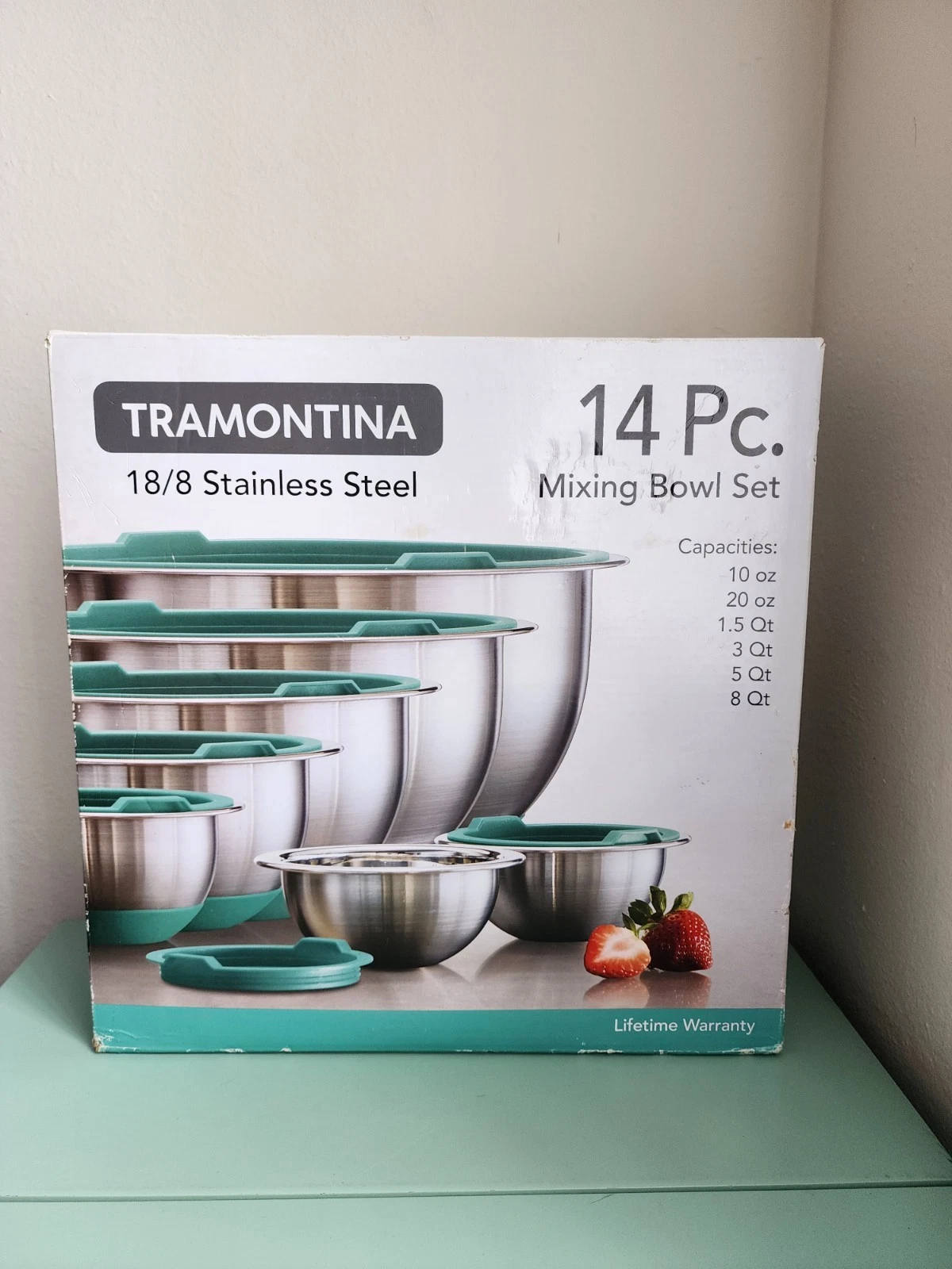 Tramontina 14 Piece Stainless Steel Mixing Bowls Set W/ Lids in Aqua/Mint, New