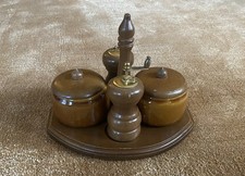 VTG MCM Gailstyn-Sutton Salt Pepper Stoneware Wood Brass Condiment Caddy