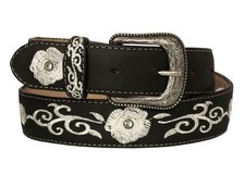 Black Western Wear Cowboy Belt Genuine Leather Floral Embroidered Cinto Hombre