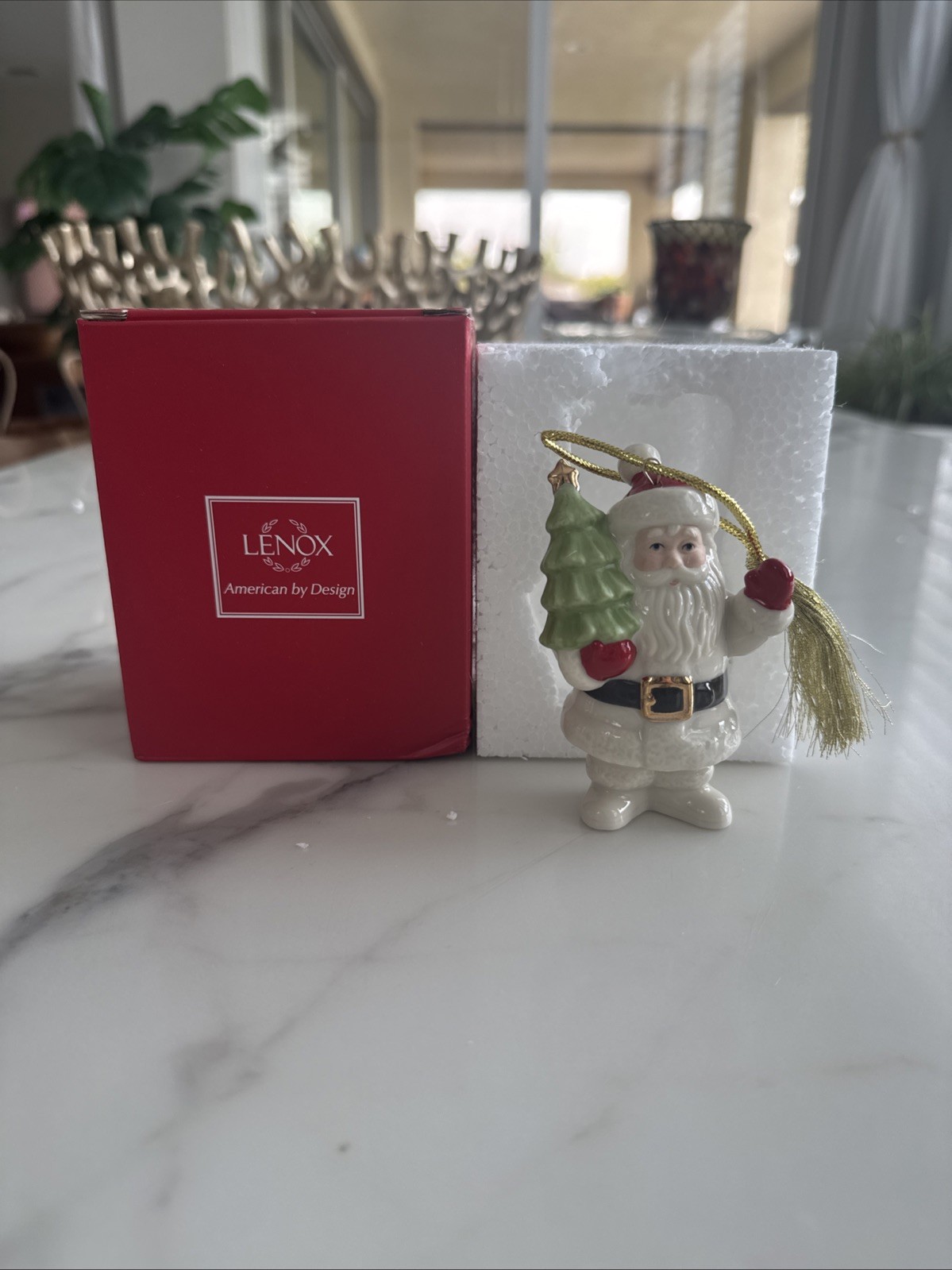 Lenox Very Merry Santa Claus Porcelain Christmas Ornament Holding Tree