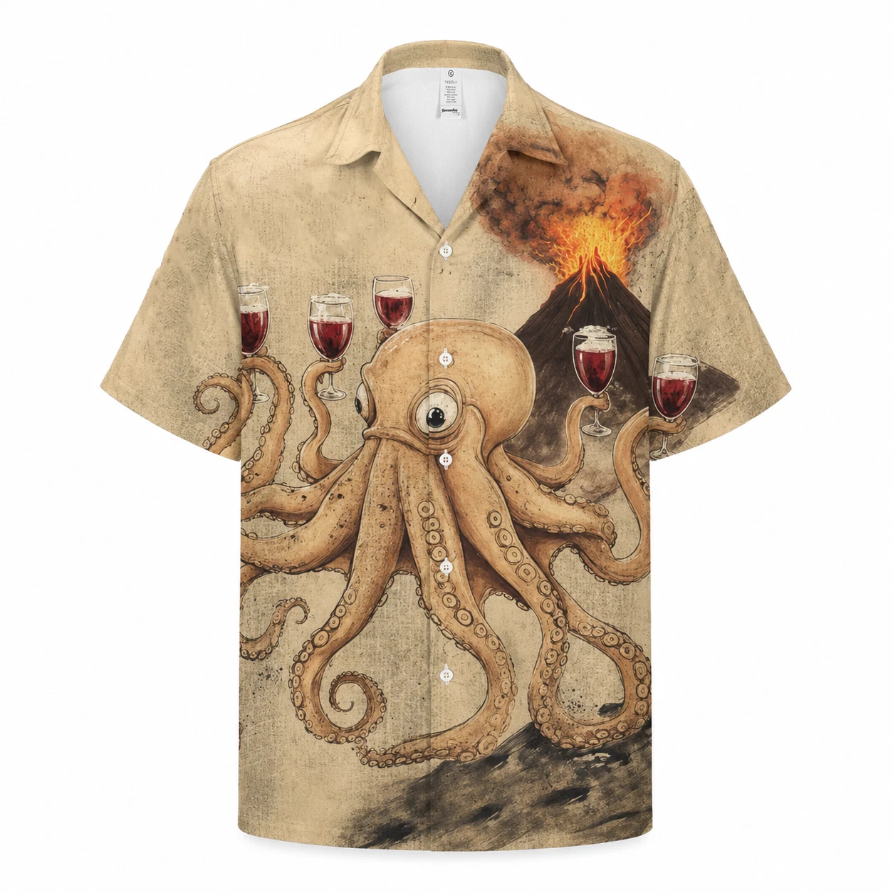 Vintage Octopus Hawaiian Shirt Drinking Wine Beer Volcano Beach Aloha Shirt