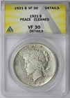 1921 Peace Dollar $1 VF 30 Details Cleaned ANACS