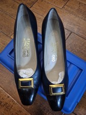 Salvatore Ferragamo Florence Italy Navy Blue W/ Black Cap Toe Leather Pump 10 B