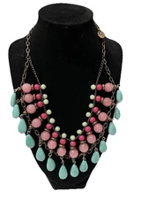 Gorgeous Beaded Chain Bib Statement Necklace Boho ZAD Pink & Teal