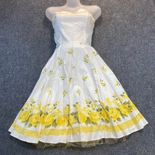 Vintage Steppin Out Women Medium White Yellow Rose Strapless Dress Fit Flare