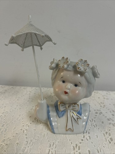 Vintage Head Vase Lady Granny With Metal Umbrella Floral Ruffle Bow 4.5” 1950s