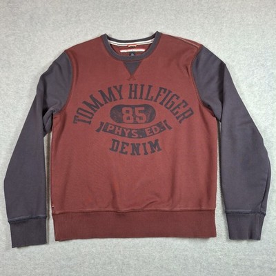 Tommy Hilfiger Sweatshirt Men Large Wine Navy Color Block Spellout Logo Crewneck