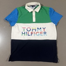 Tommy Hilfiger mens Polo Shirt small Blue green Color Block Big Spell Out Logo M