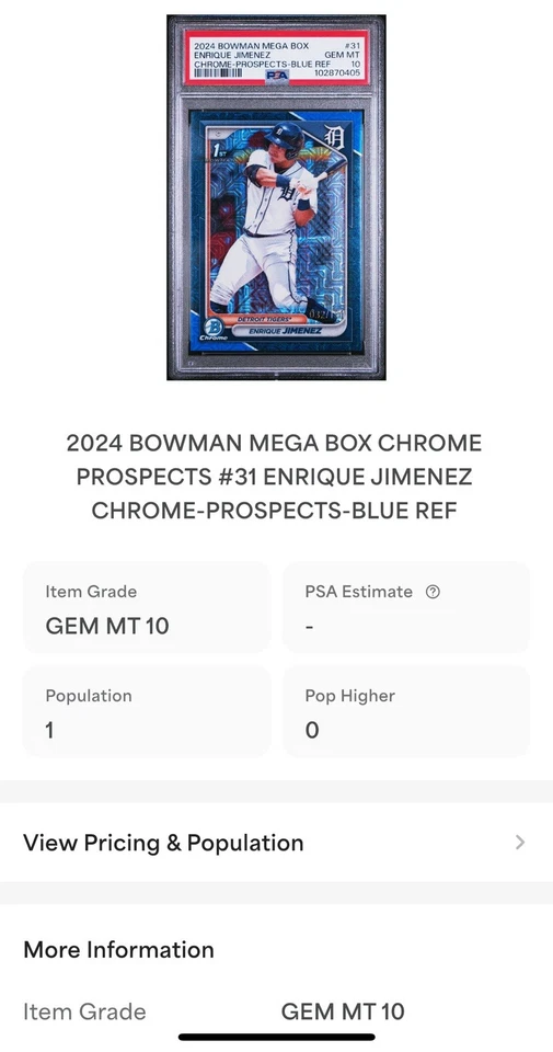 Enrique Jimenez 2024 Bowman Chrome Mega Box #31 BLUE Refractor /150 PSA 10 - Image 4 of 4