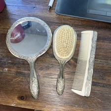 Silver Plated Vanity Set Vtg Hand Mirror Hair Brush Comb Victorian Art Nouveau