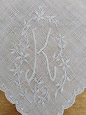 Vgt K Monogram White Embroidered White Linen Hankie Handkerchief