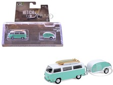1971 VOLKSWAGEN TYPE 2 VAN GREEN W/SURFBOARDS & TRAILER 1/64 GREENLIGHT 32330 B