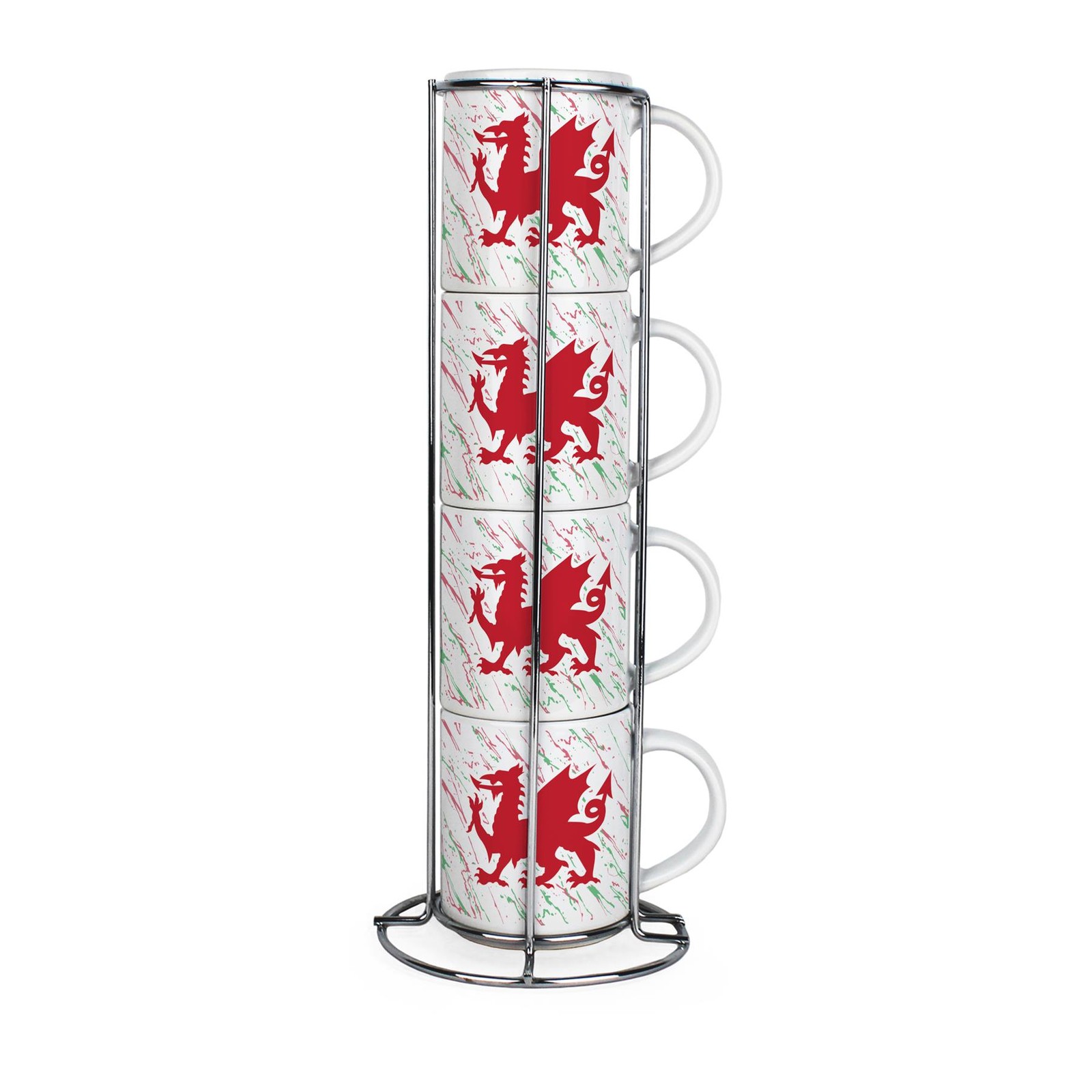 Welsh Dragon Small Stacking Mugs - Set of 4 Ceramic Mugs Gift with Metal Stand
